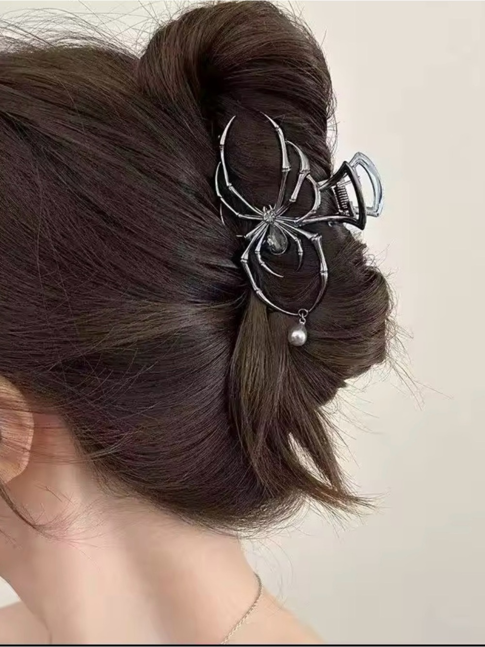 Dark Gunmetal Spider Hair Clip with Pearl Drop - Picture 3 of 3